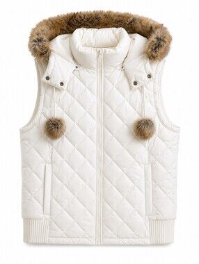 LOFT White Quilted Puffer Vest with Faux Fur Trim